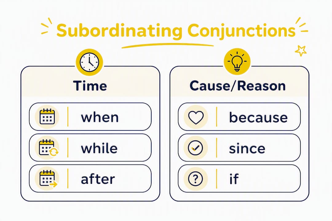 Infographic categorizing subordinating conjunctions into time and cause/reason