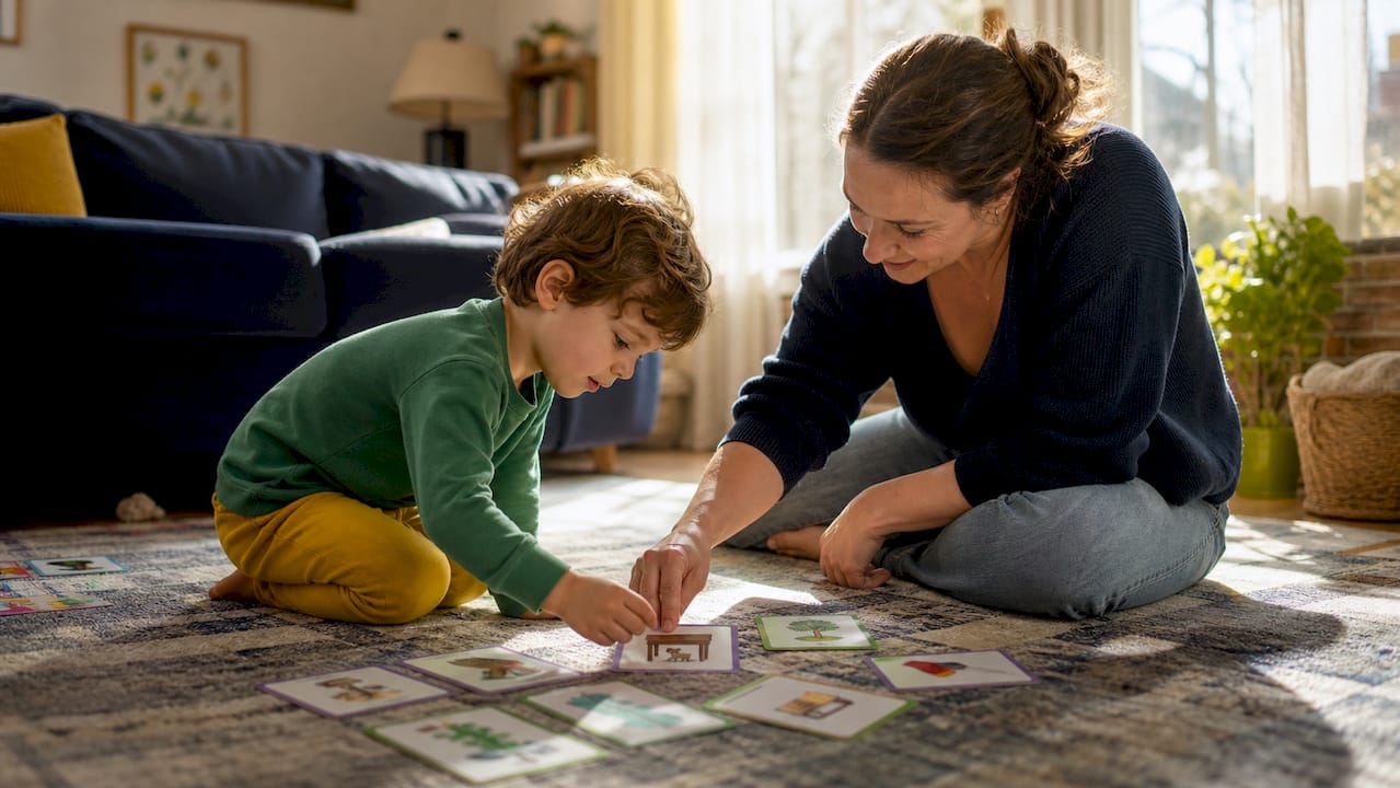 Hands matching preposition cards on table