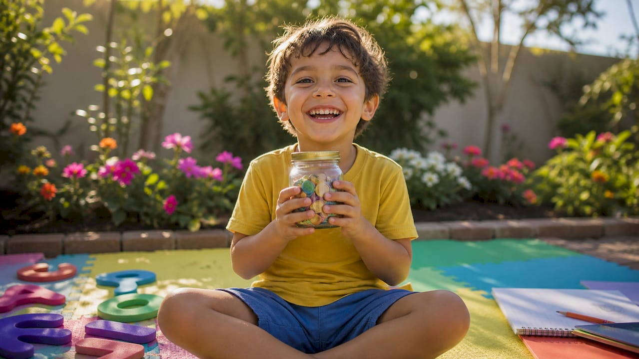 Child holding jar of coins after learning game