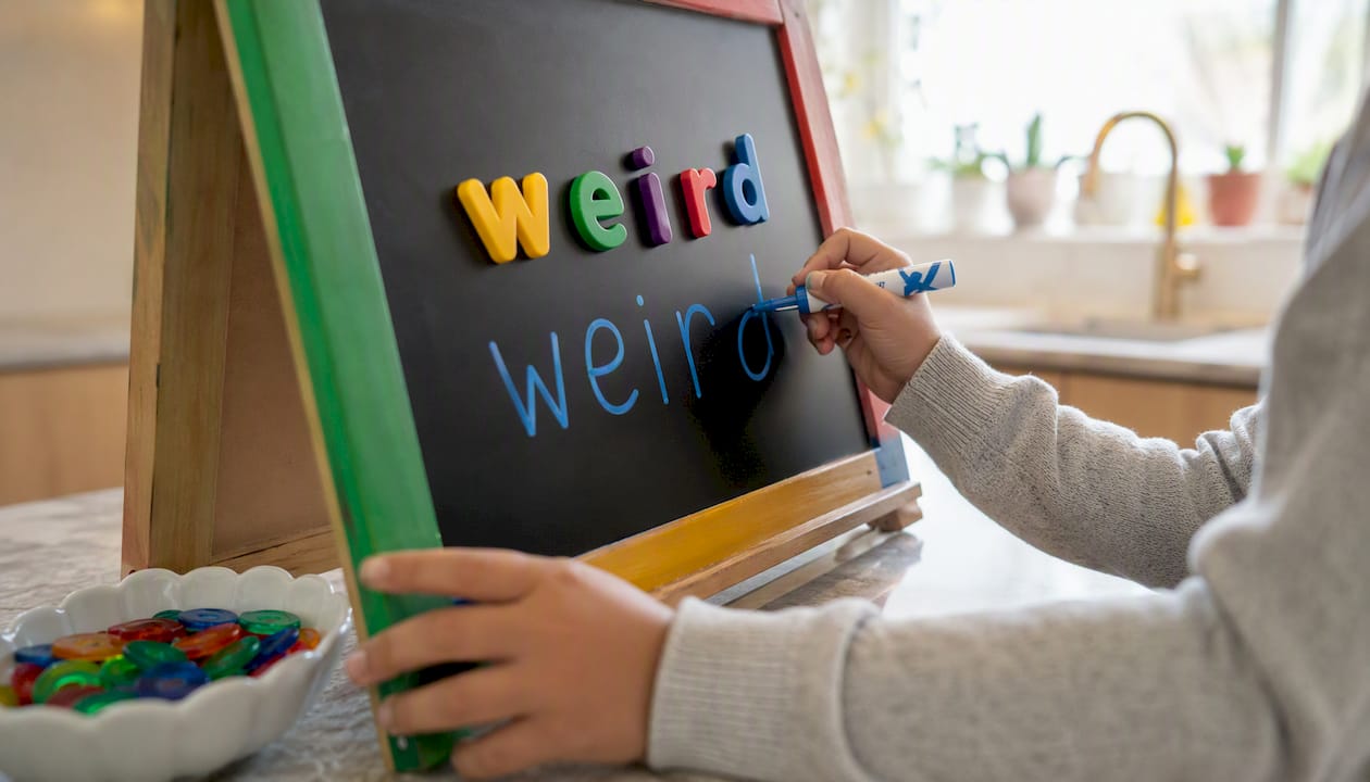 Child hands practicing spelling with markers and magnets