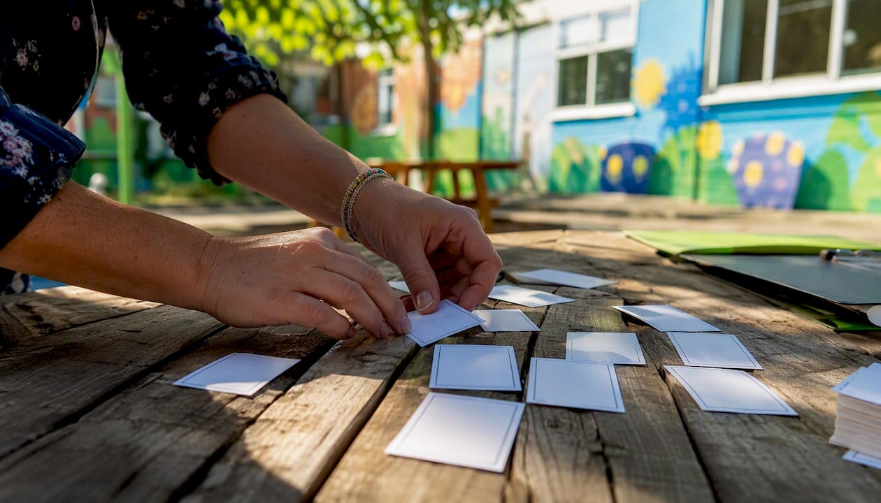 Teacher's hands organizing grammar word cards