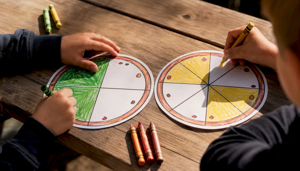 Hands shading equivalent fraction pizza slices
