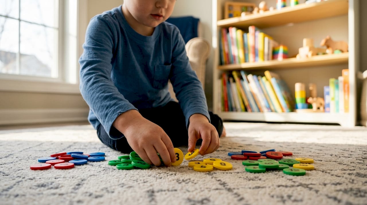 Child hands sorting number counters for factors and multiples