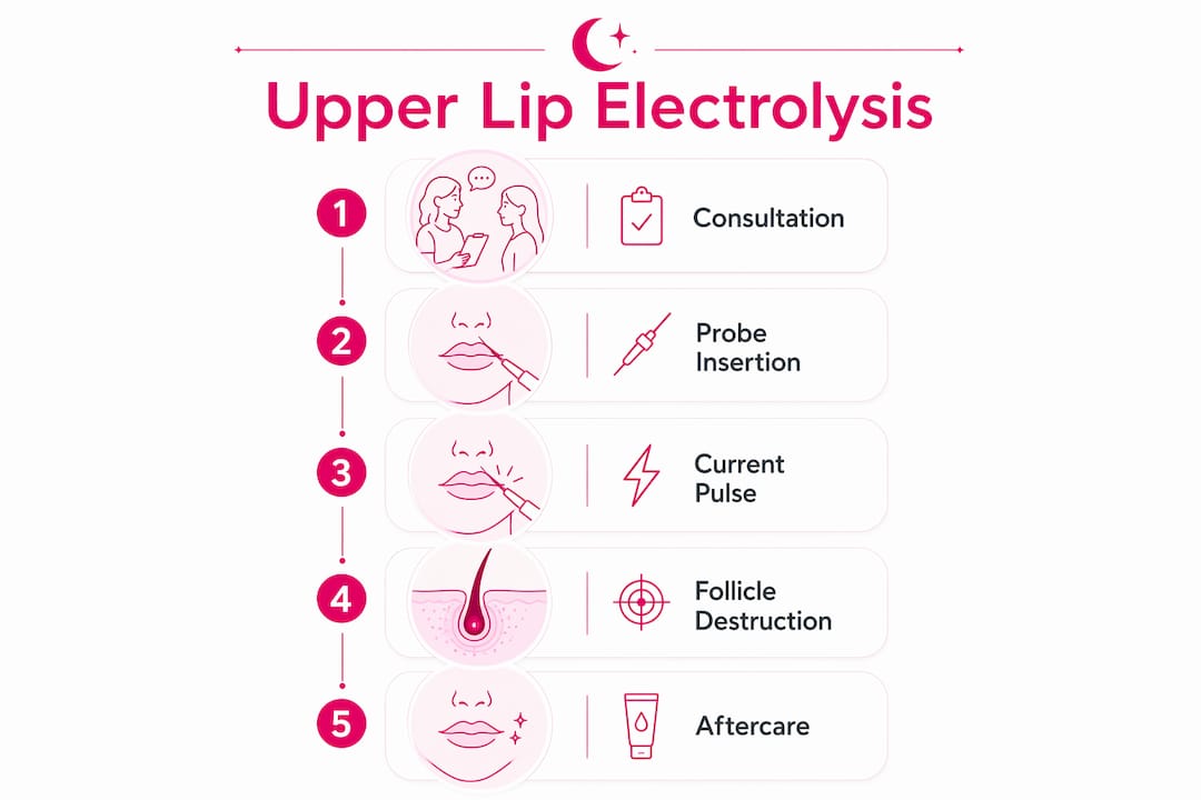 Infographic showing the upper lip electrolysis treatment steps