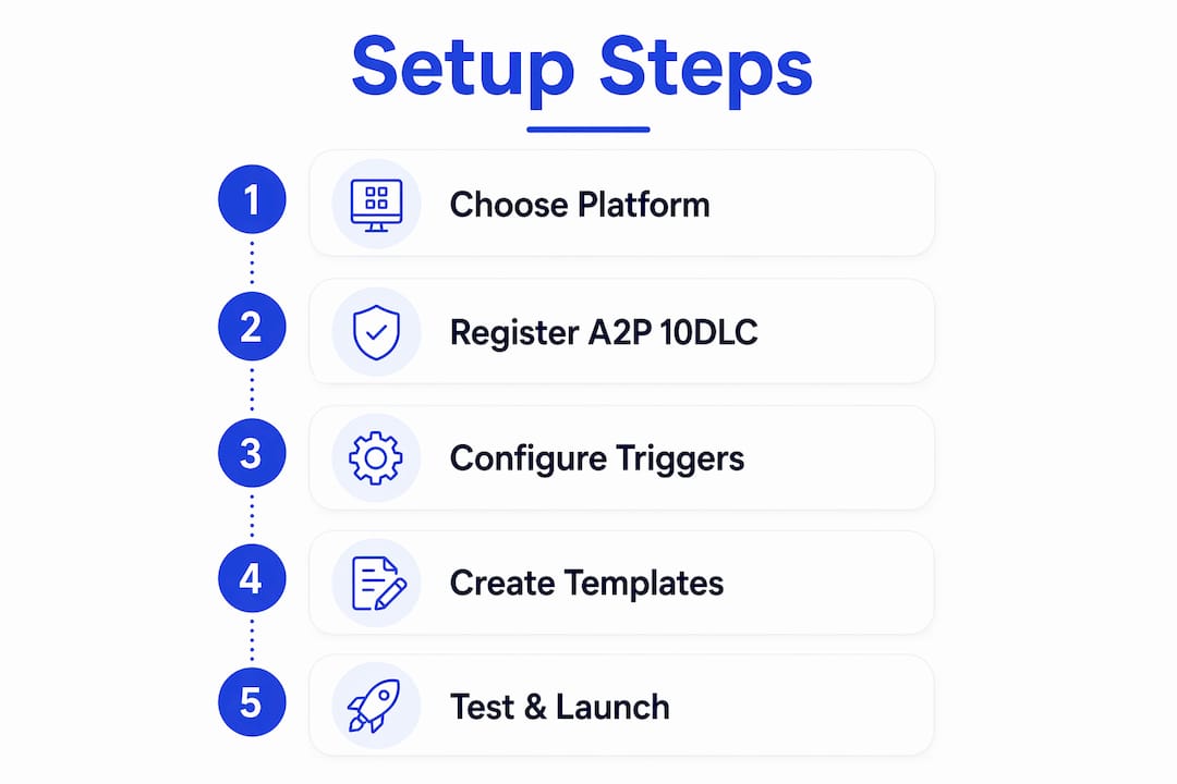 Infographic illustrating setup steps for missed call text back system