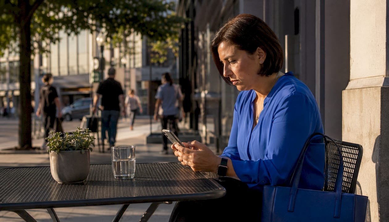 Woman checking automated missed call text message in café