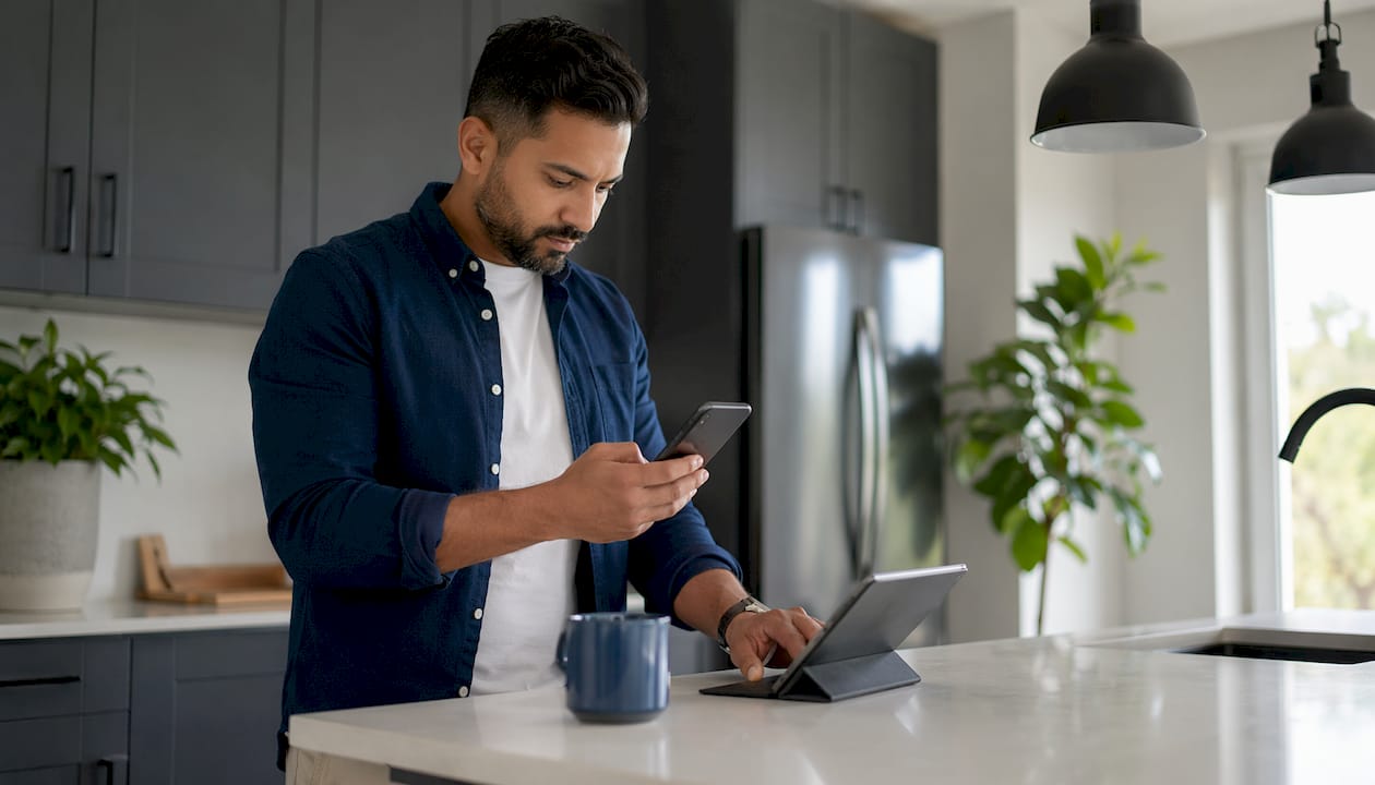 Man setting up missed call text back system at home office