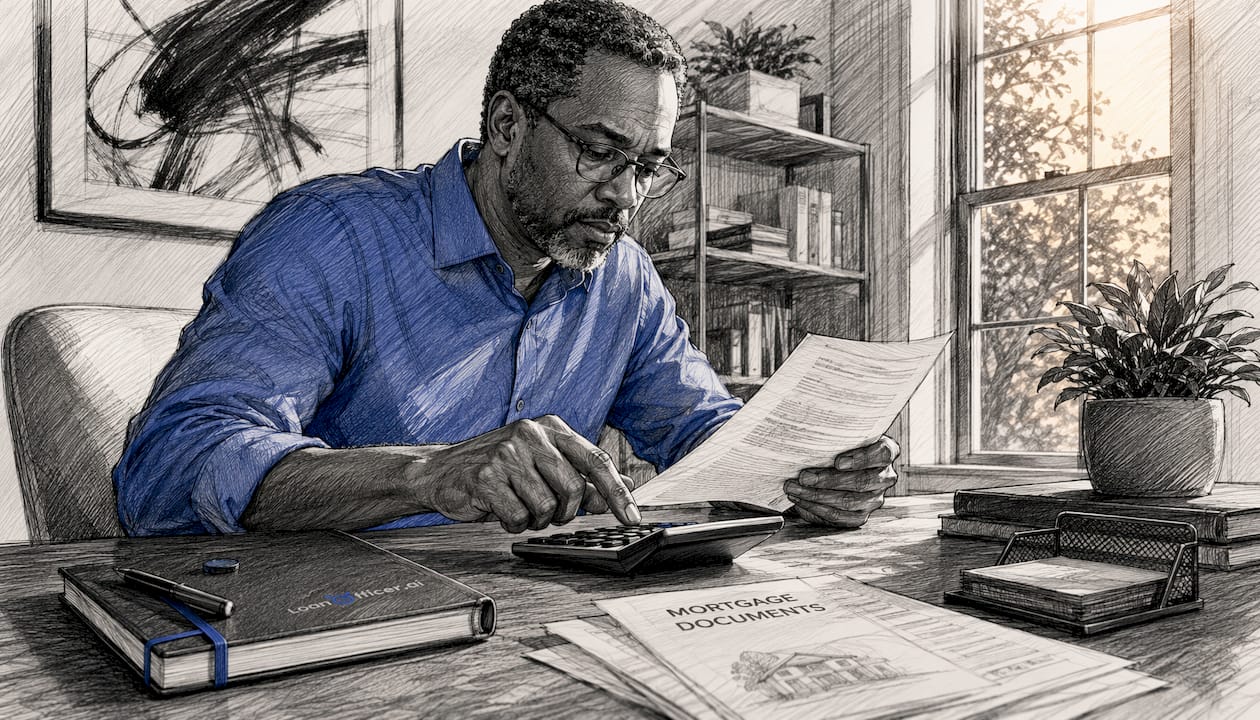 Man reviewing mortgage papers at home office desk