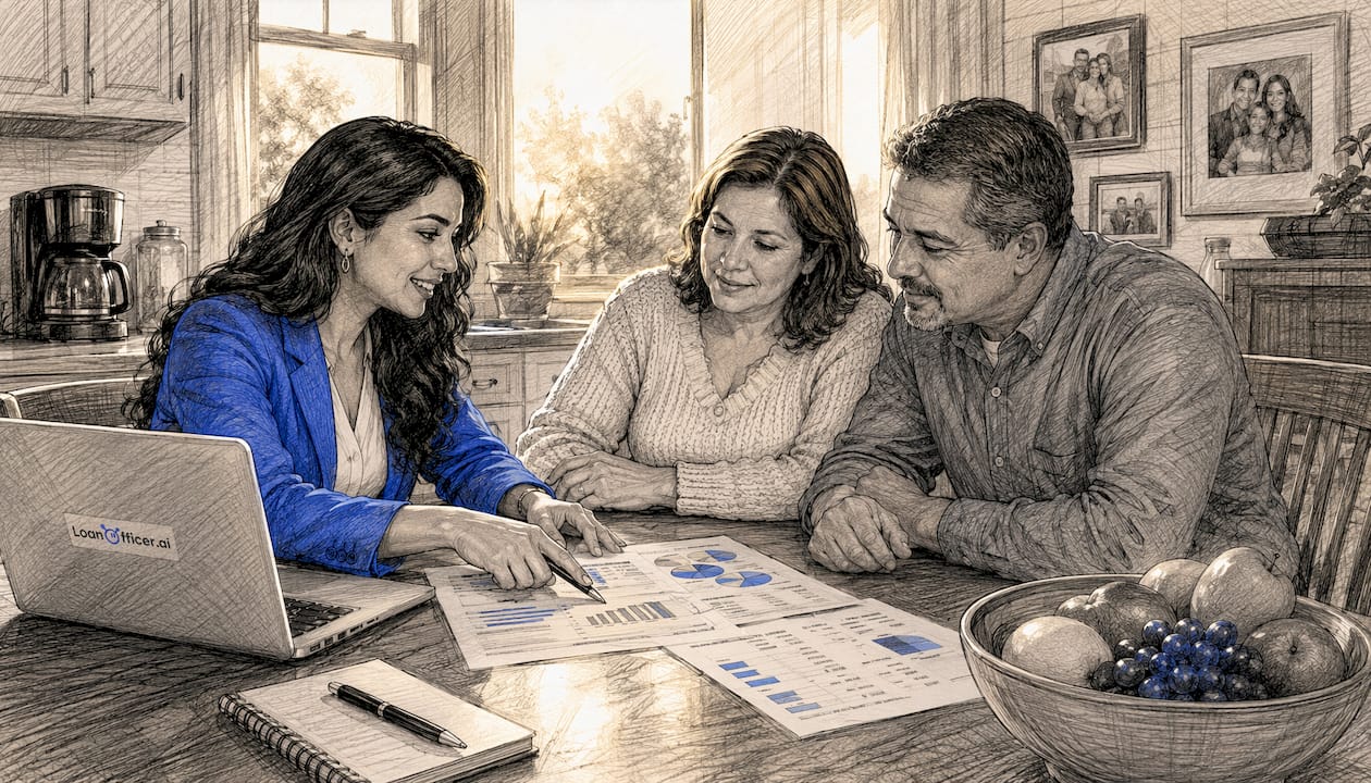 Loan officer and homeowners discussing mortgage at home