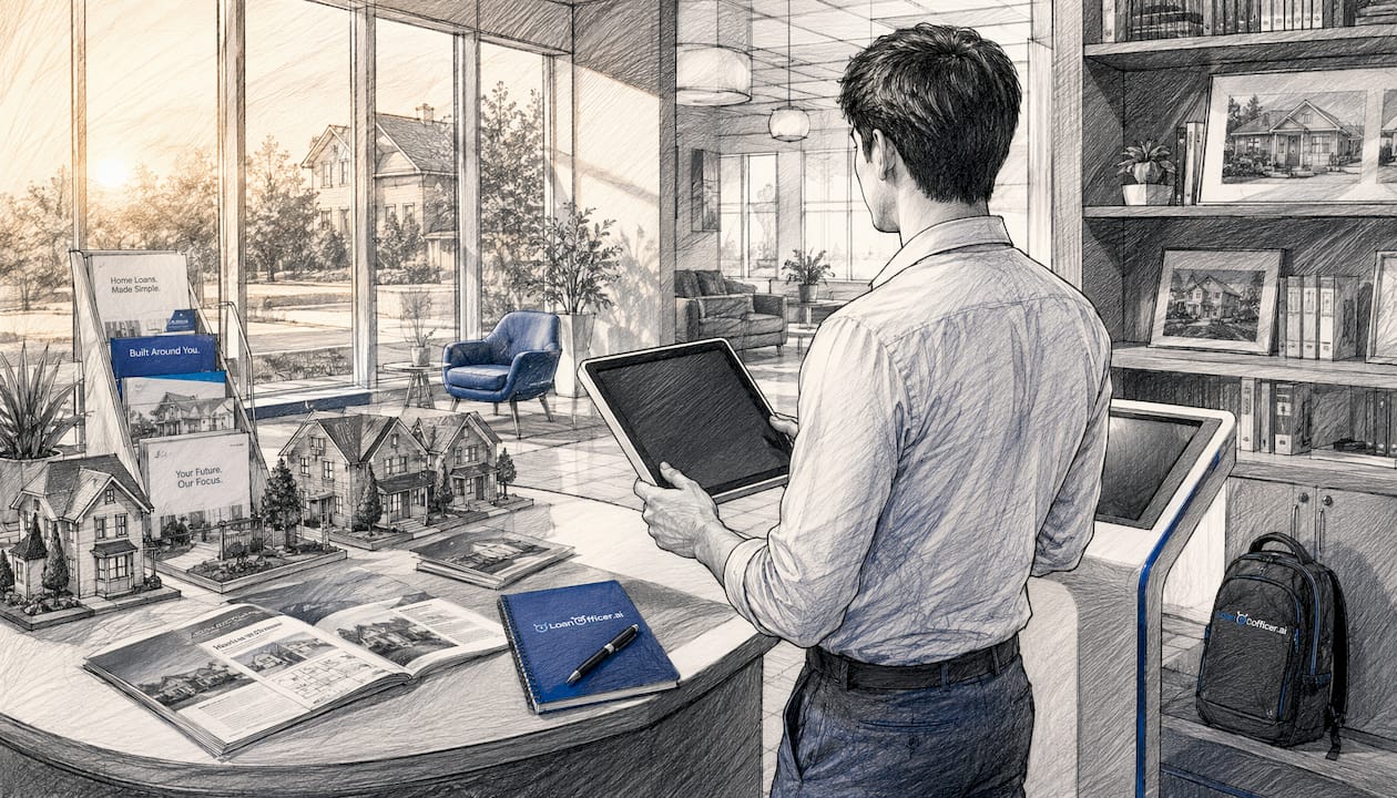 Loan officer using tablet in real estate office
