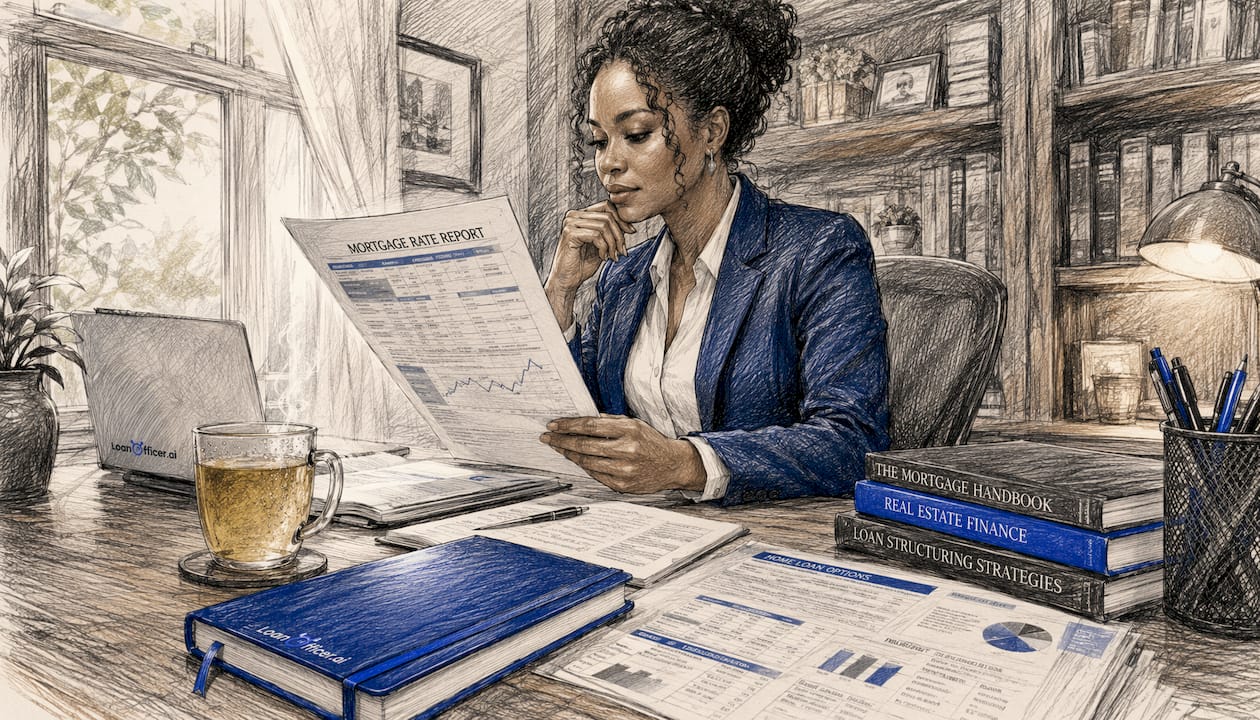 Loan officer reviewing mortgage rate reports