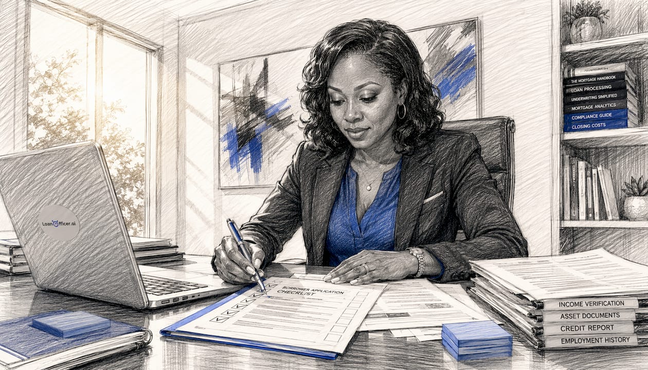 Mortgage expert reviewing loan documents at desk