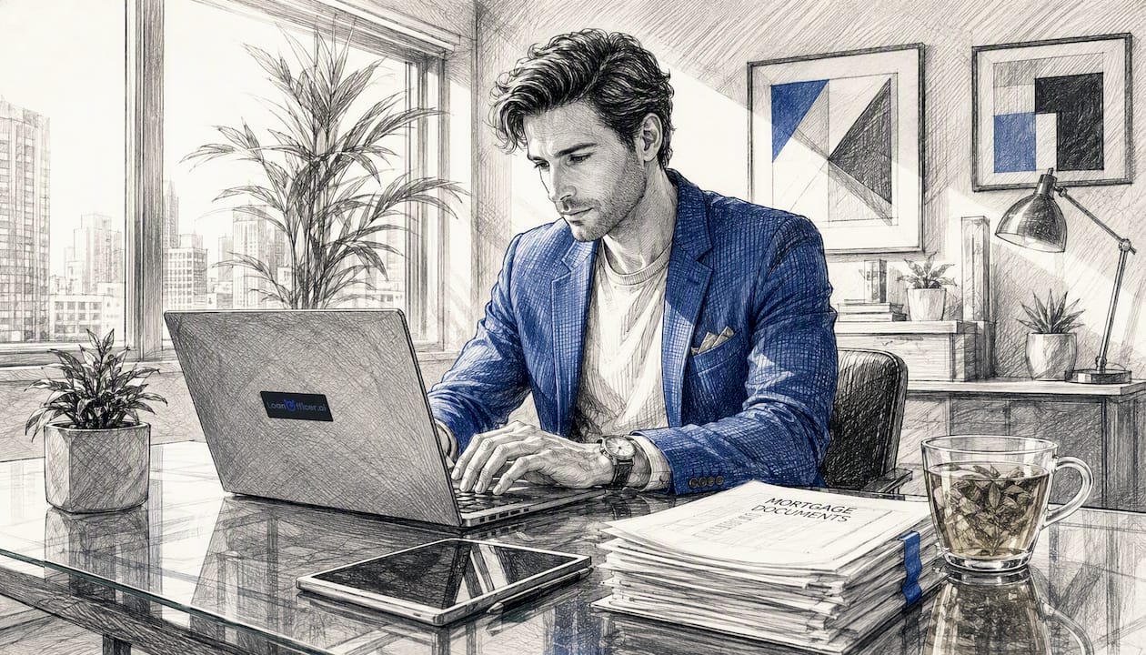 Mortgage professional typing at desk