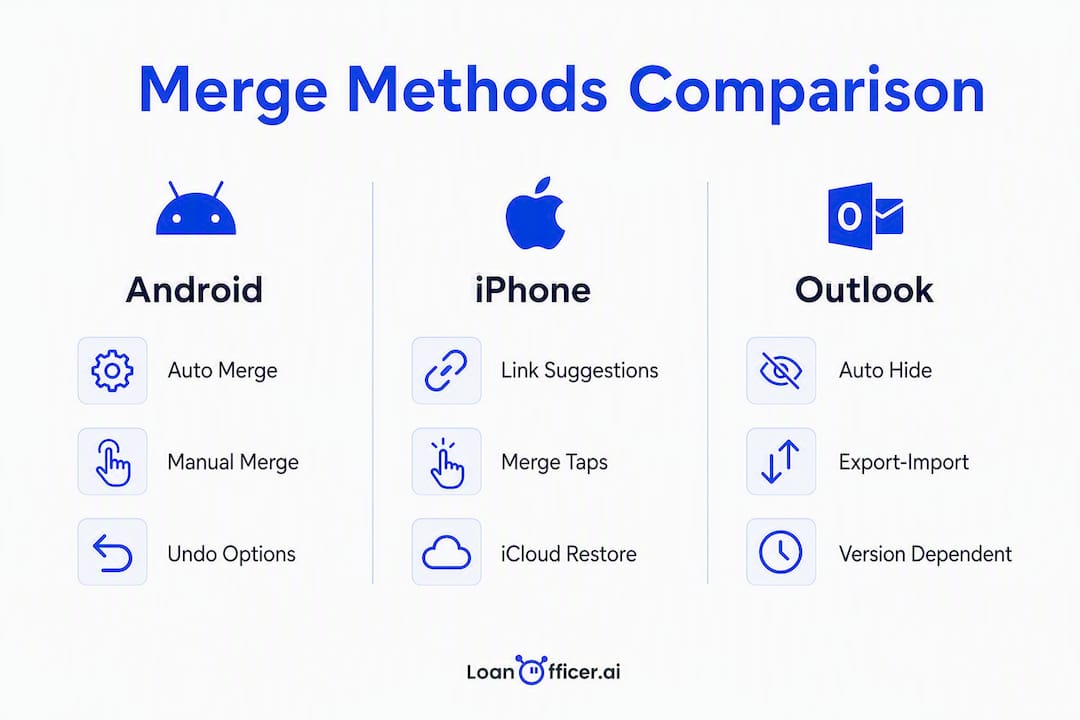 Infographic comparing merge methods on Android, iPhone, and Outlook