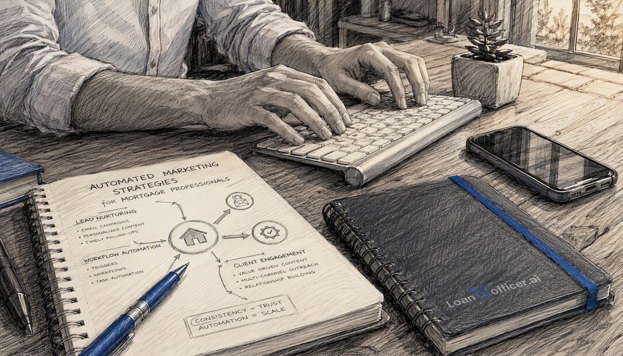 Overhead hands typing with marketing notes and phone