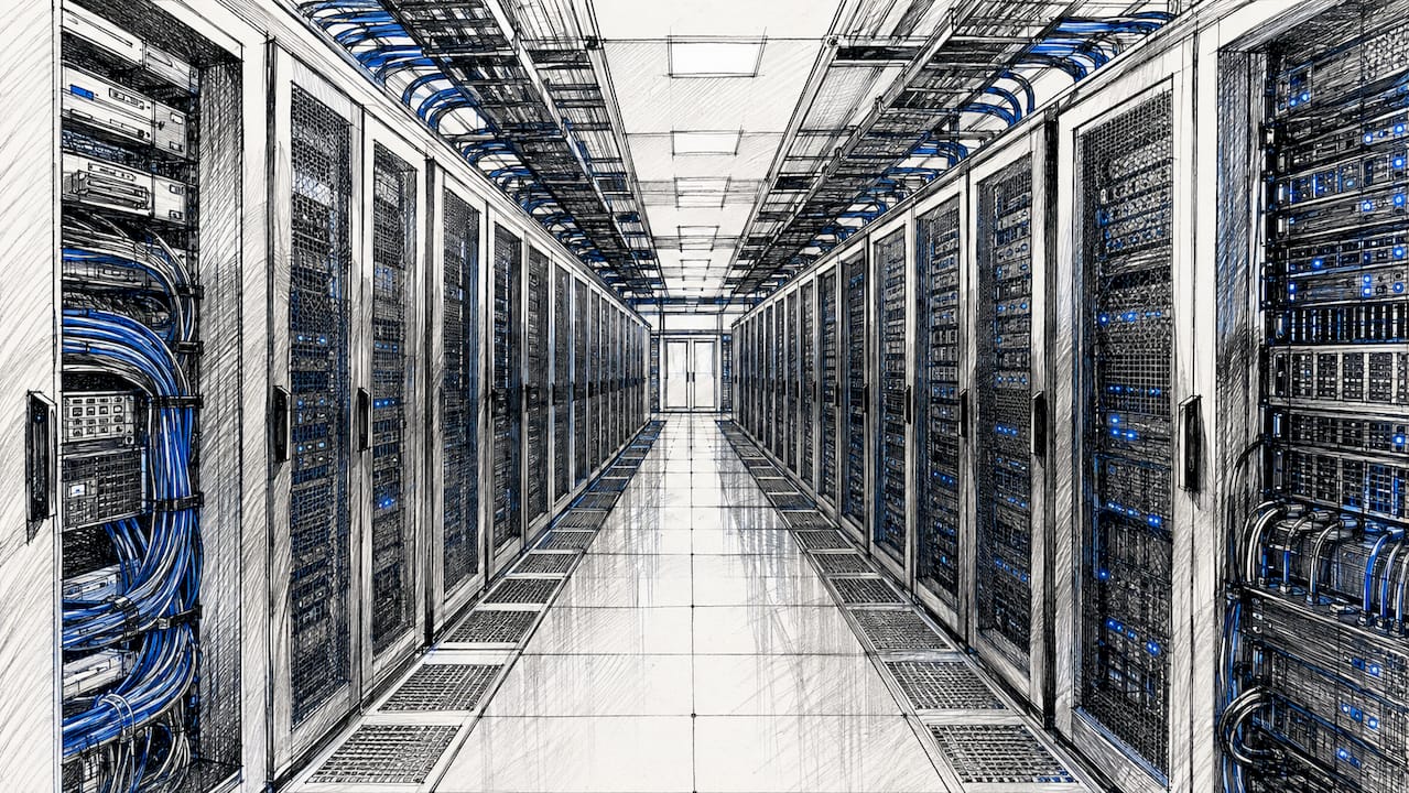 Modern data center server racks hallway
