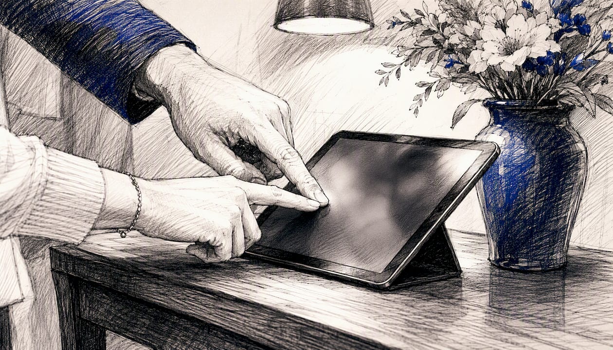 Hand signing in on a tablet at open house entrance