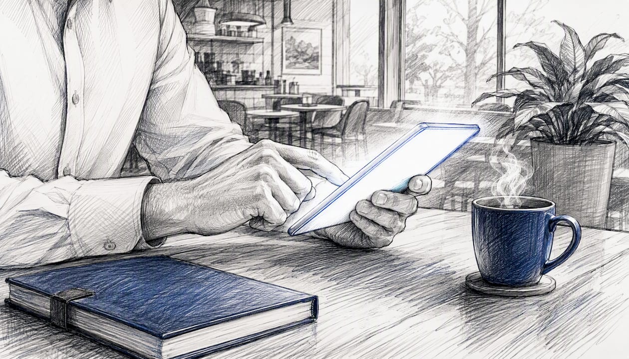 Hands holding tablet with blurred screen in office