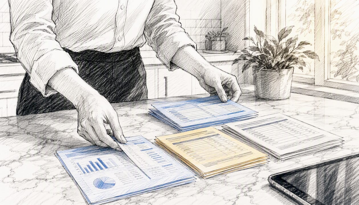 Hands aligning data sheets on desk