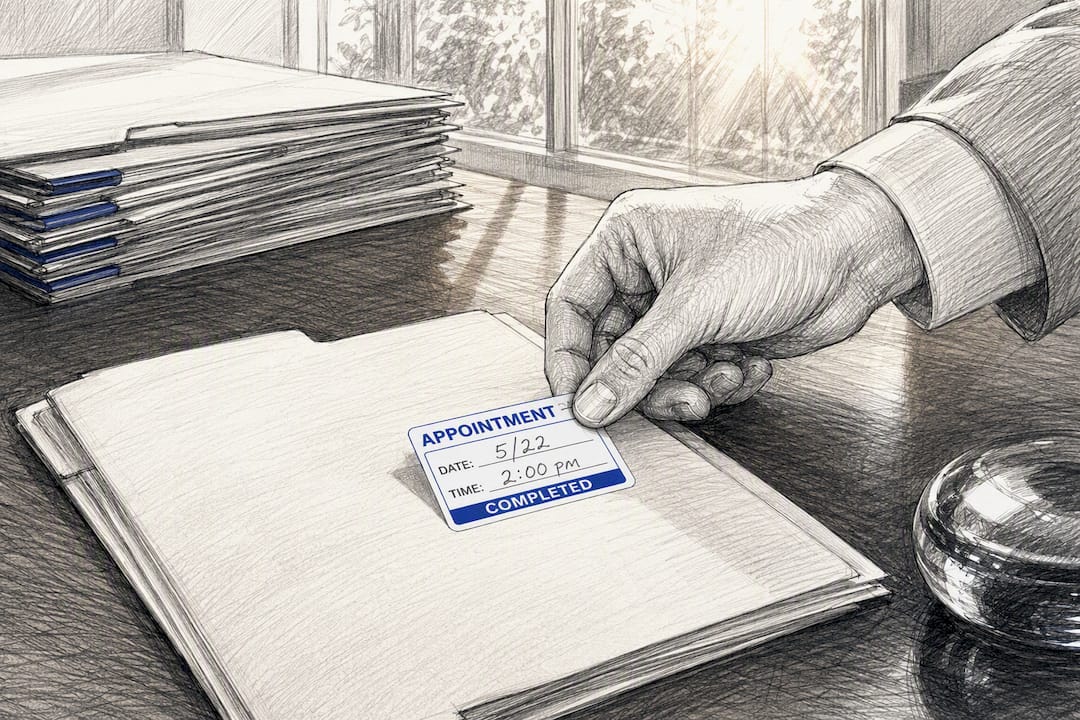 Hand applying timestamp label on mortgage file
