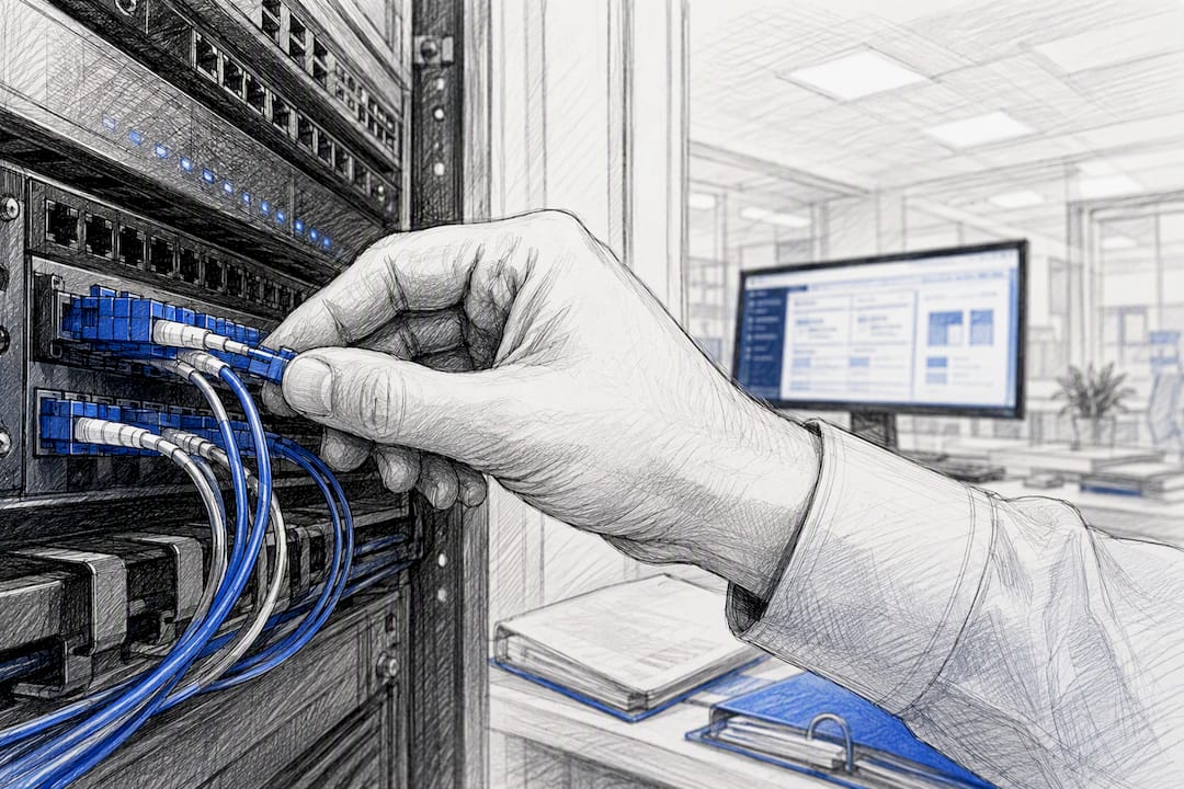 Hand adjusting network cable in server room