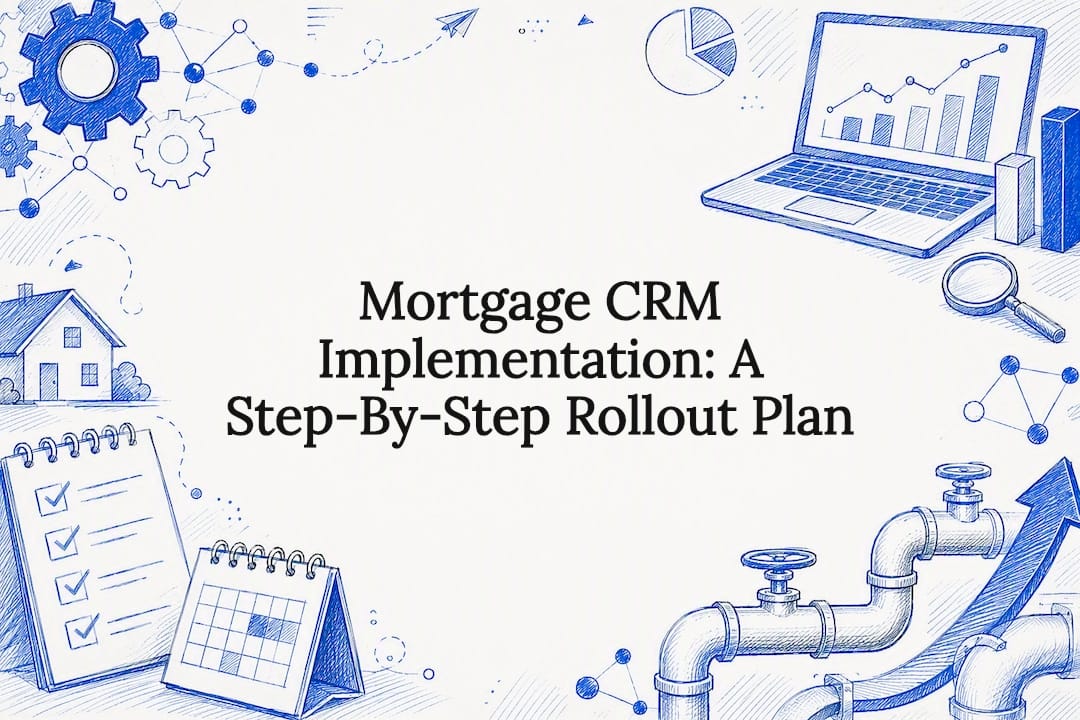 Decorative title card illustration with mortgage CRM icons
