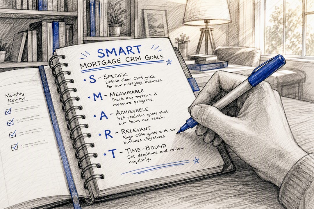 Hand writing mortgage CRM goals in notebook