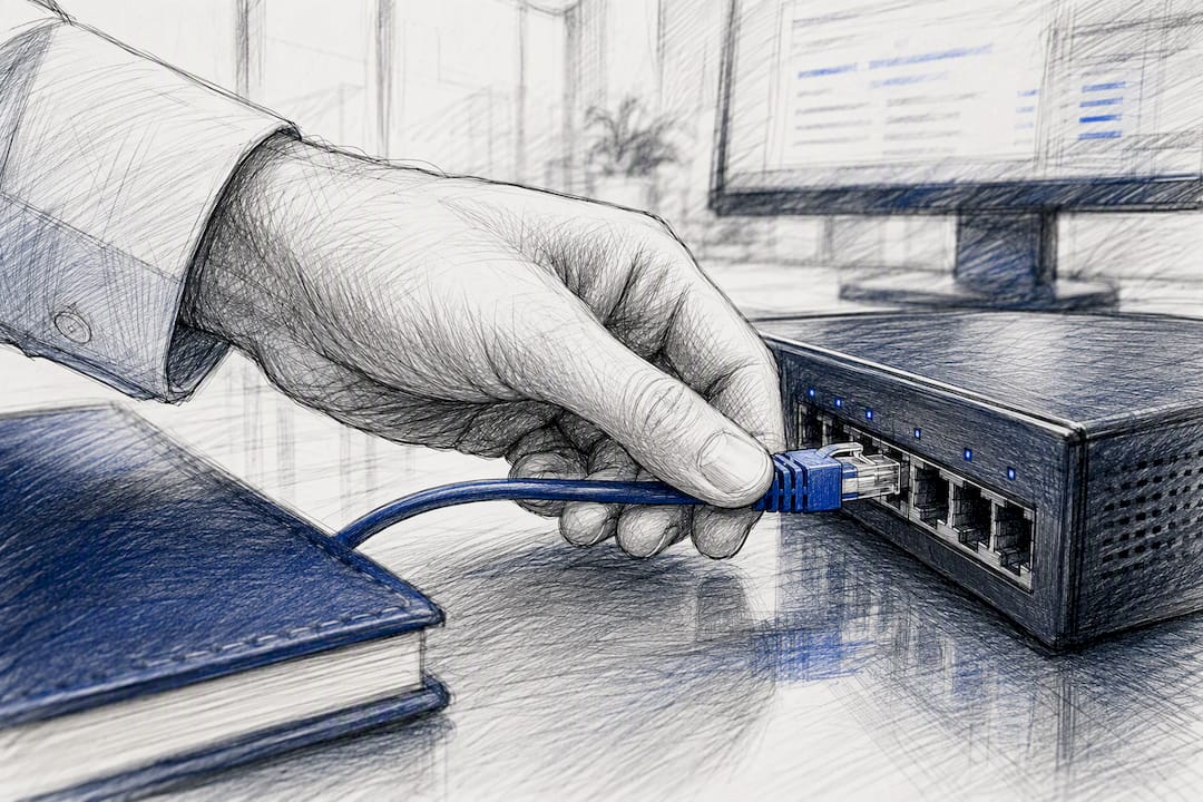 Hand connecting network cable in data center