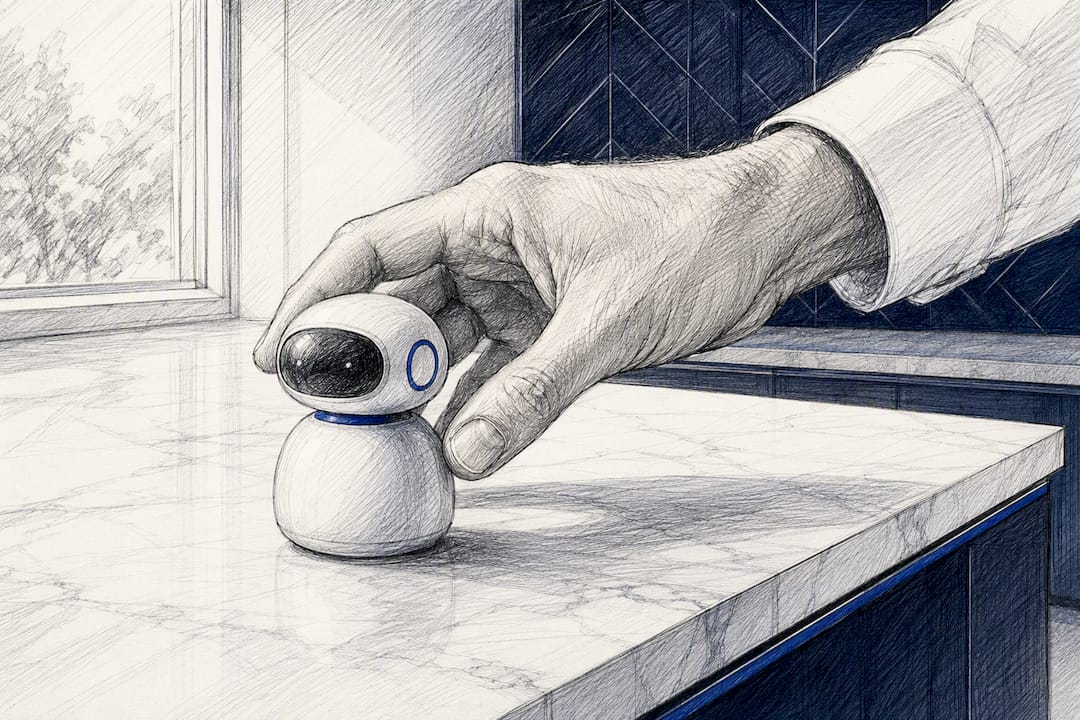 Hand placing AI assistant figurine on desk
