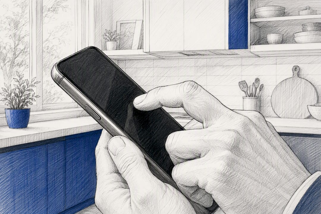 Hand pressing smartphone power button with screen off