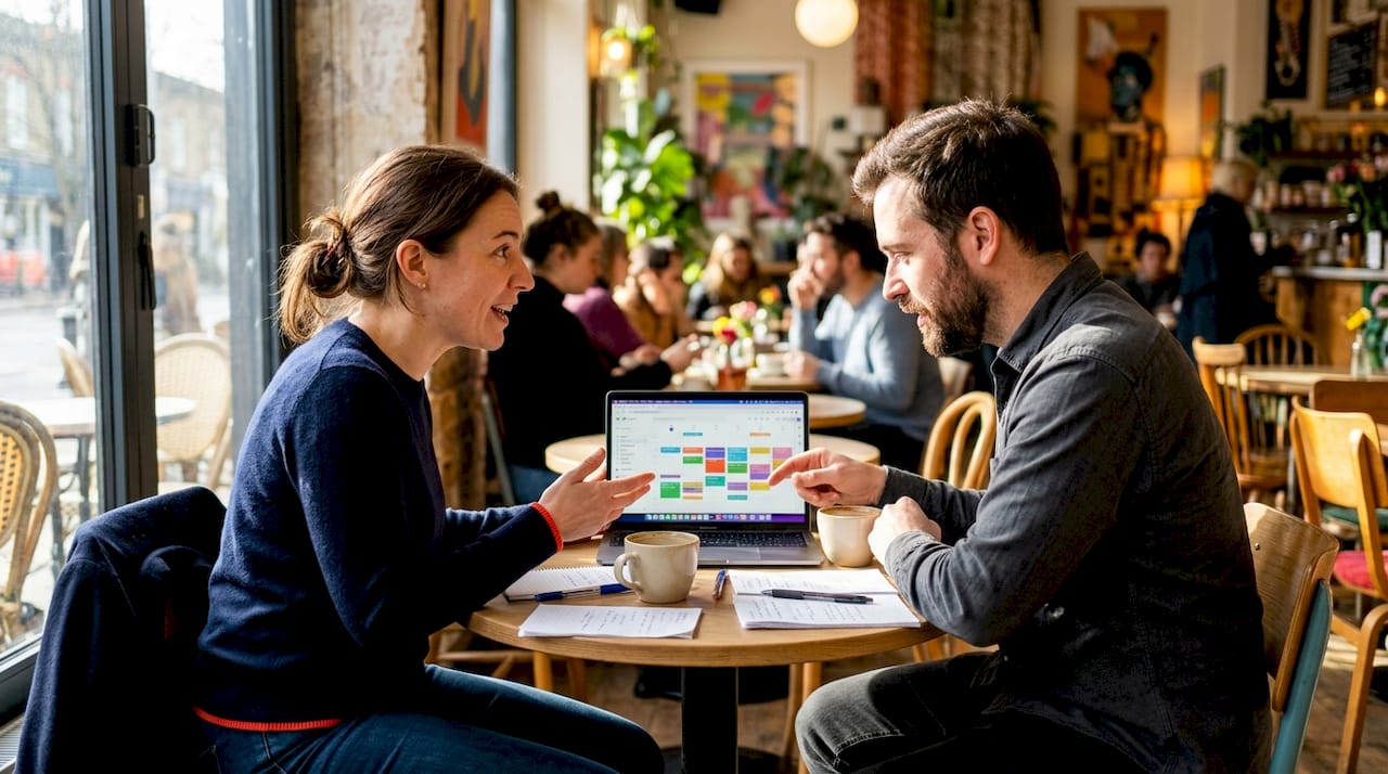 Two colleagues discussing calendar sync over tablet