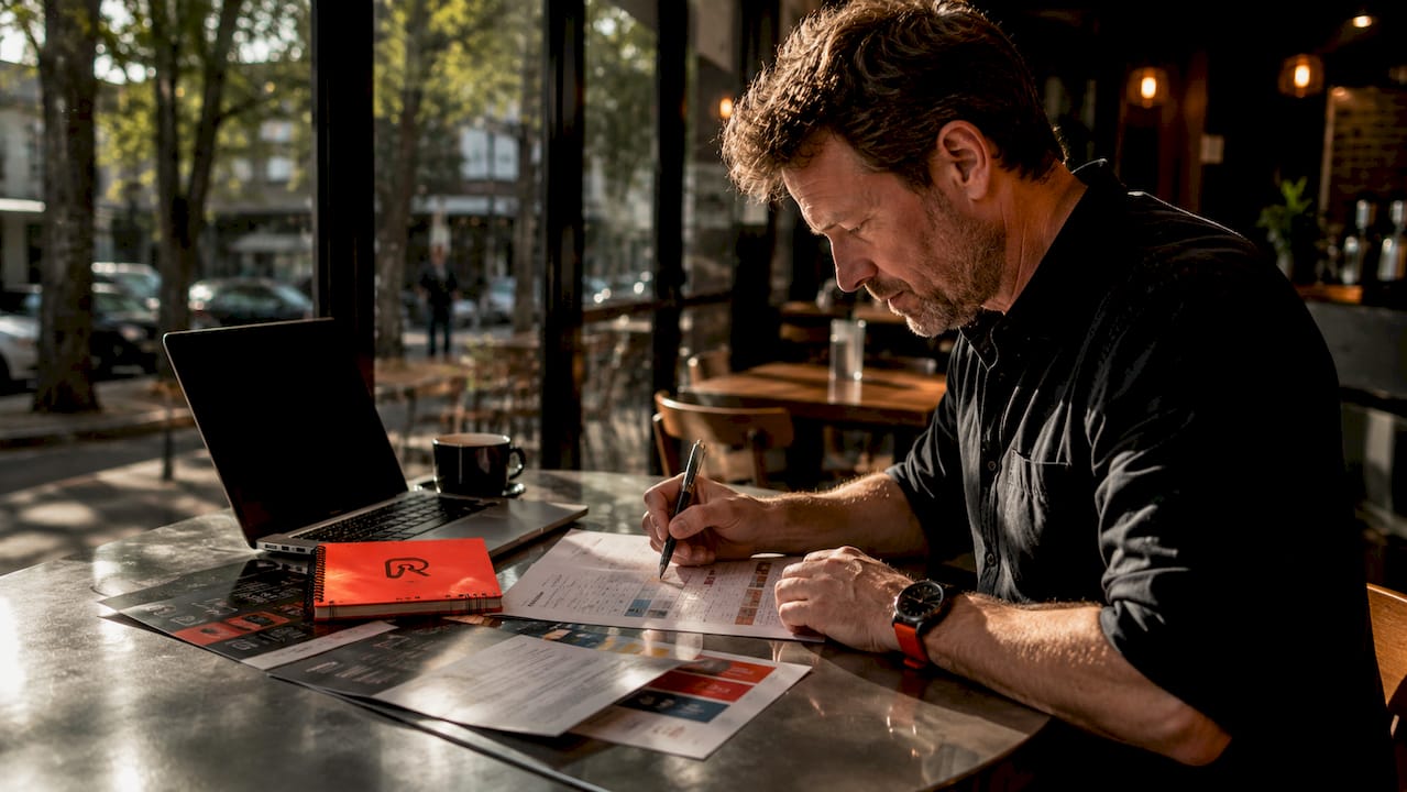 Man reviewing booking software options at desk