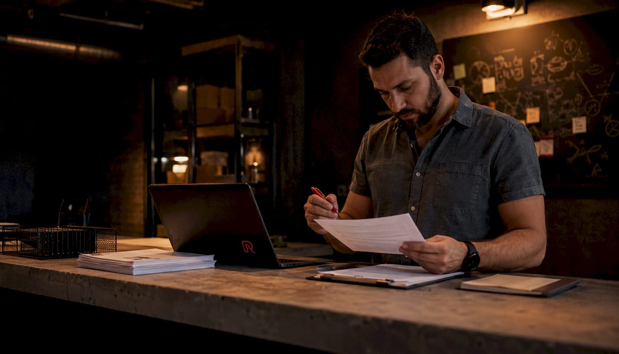 Escape room operator reviewing waiver paperwork