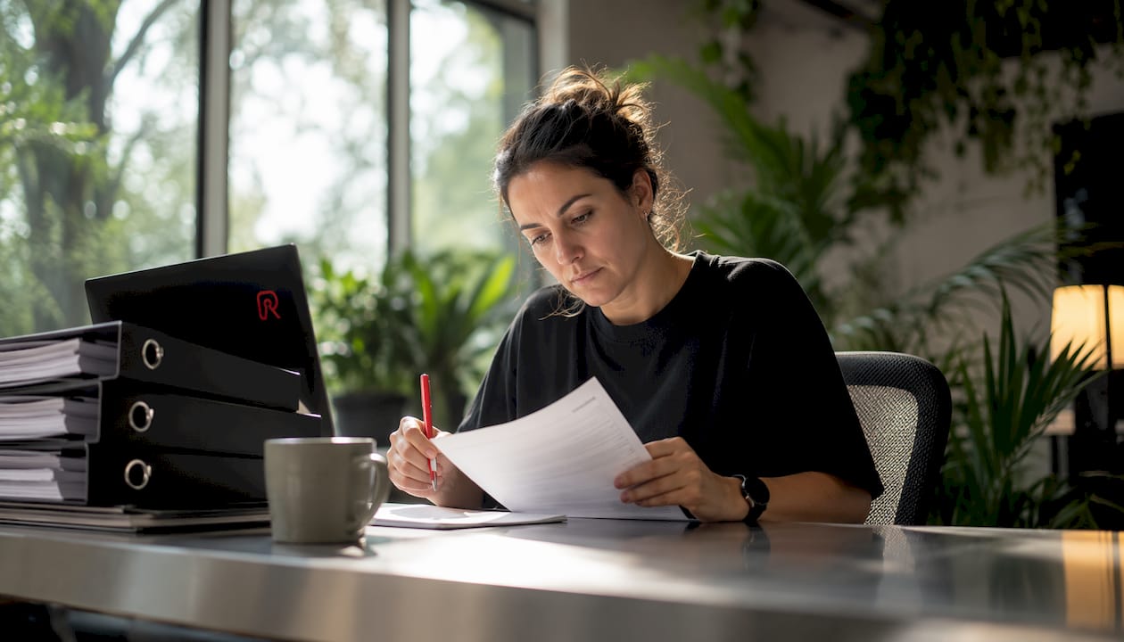 Employee reviewing data retention documents at desk