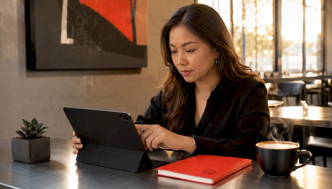 Woman using tablet to manage escape room bookings