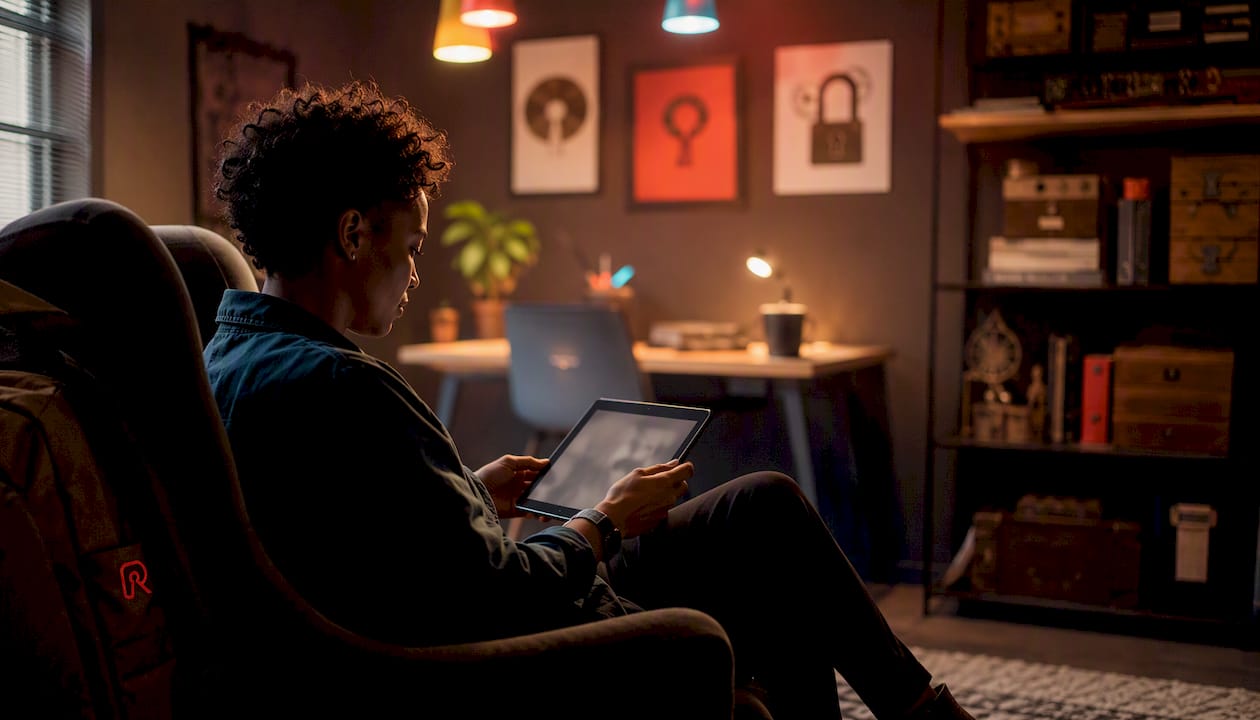 Person typing on laptop in escape room office