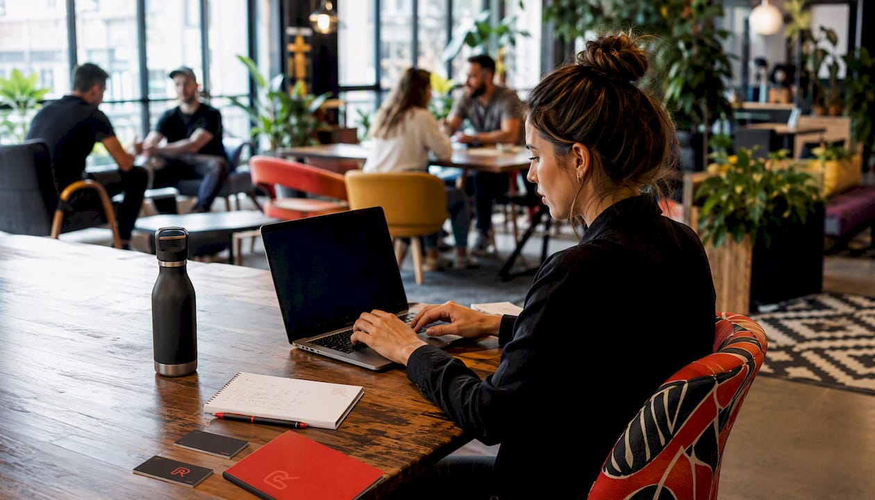 Venue manager typing on laptop in office