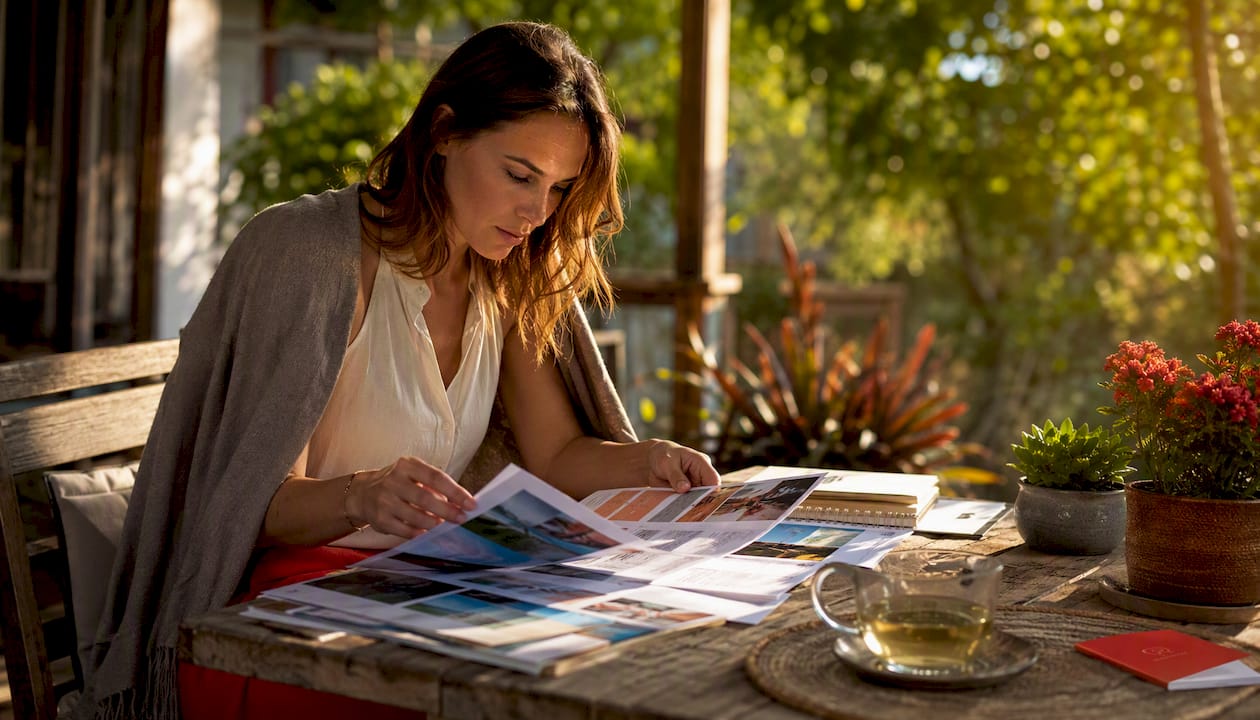 Tour operator evaluating platform brochures