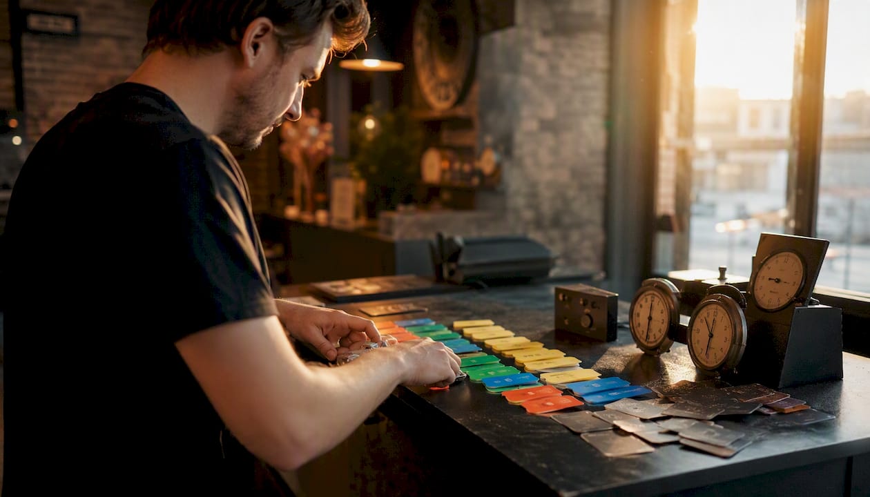 Hands organizing slot booking cards