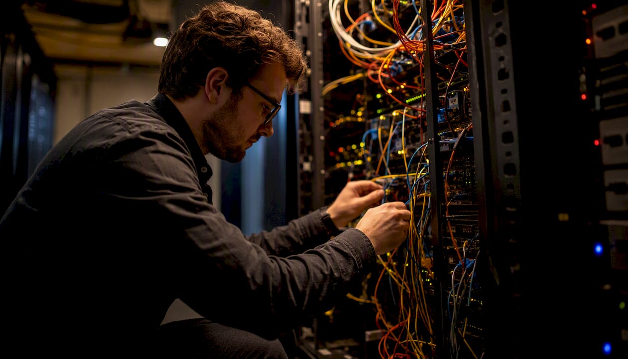 Hands adjusting network cables in server room