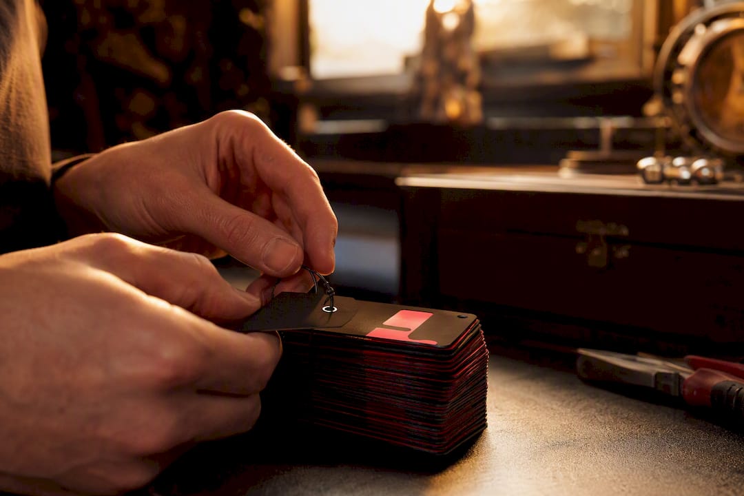 Hands tagging gift cards with unique identifiers
