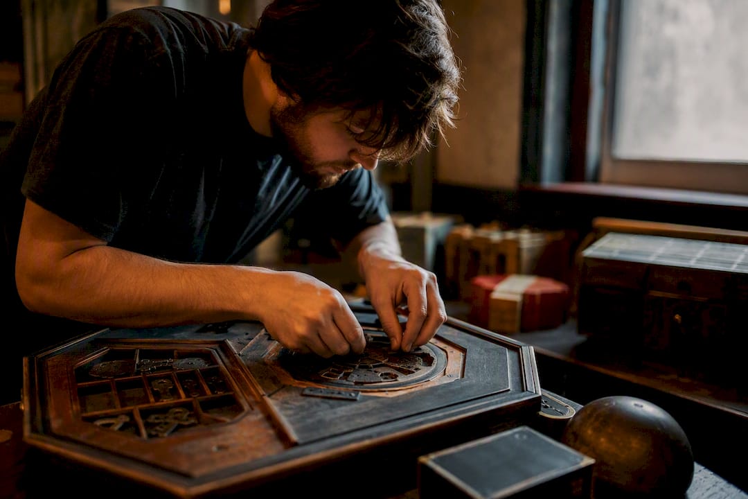 Staff member hands resetting an escape room puzzle
