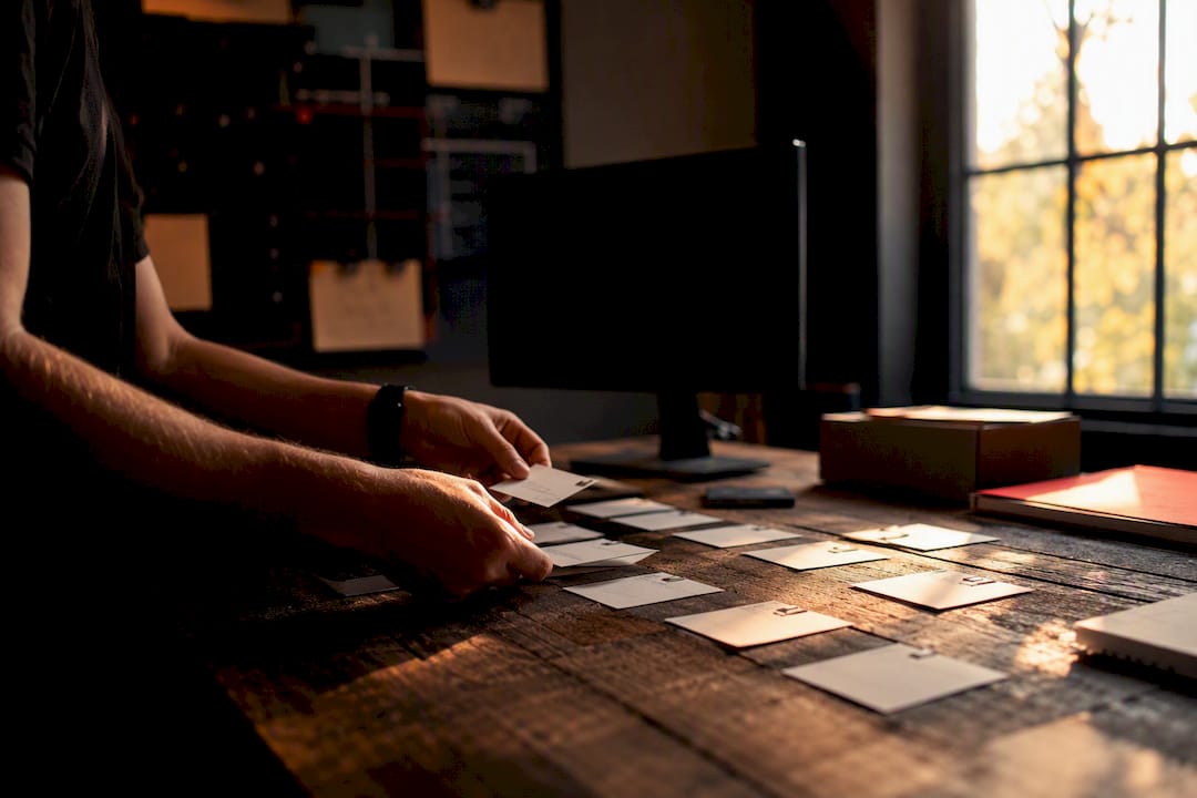 Hands prioritizing booking alerts with cards