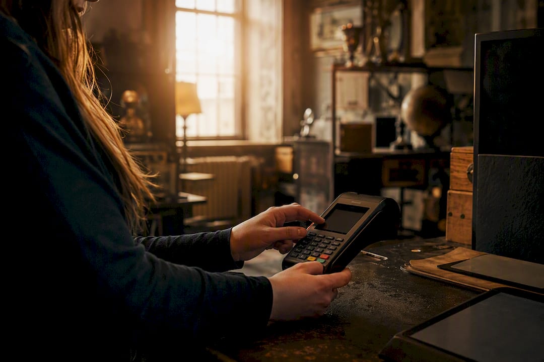 Hands configuring payment terminal for surcharging