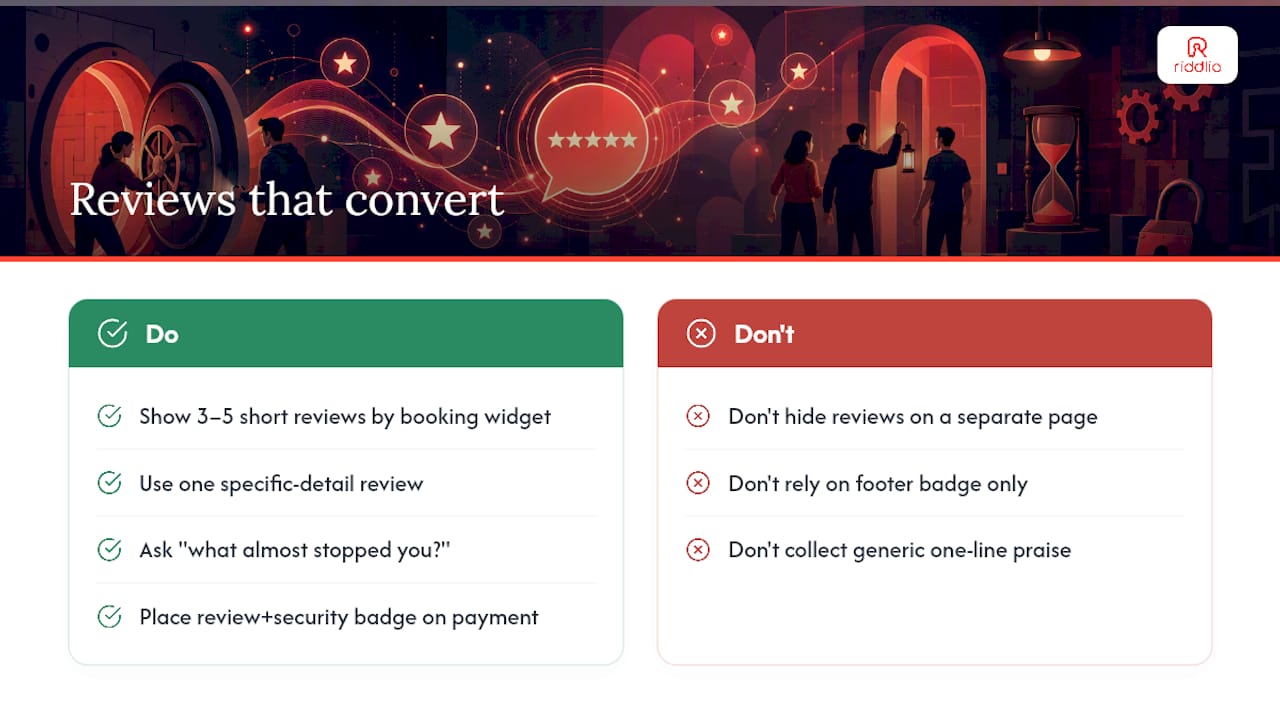 Reviews and testimonials placed where they actually change a decision — overview diagram