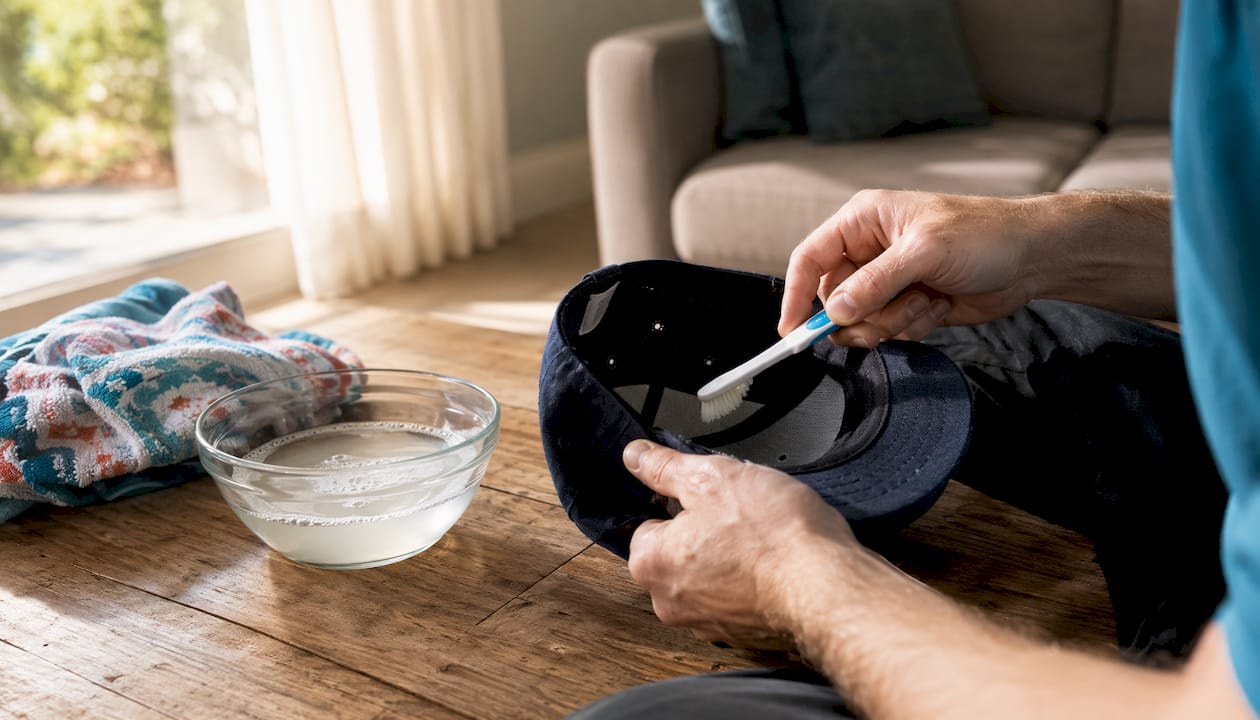 Hands scrubbing hat sweatband with toothbrush