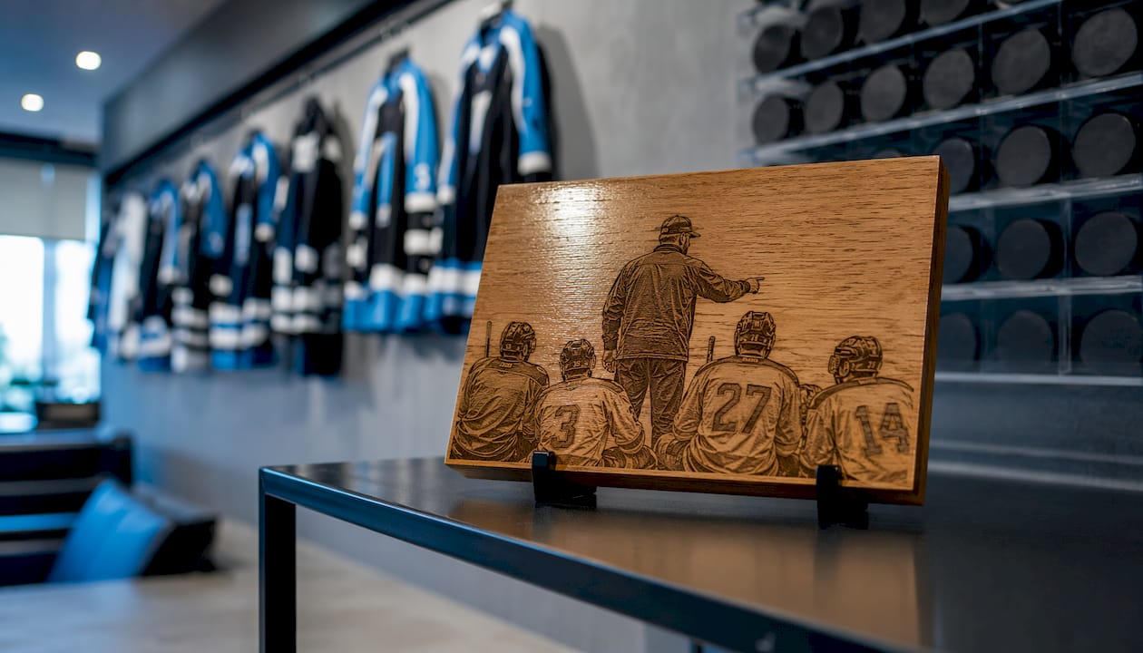 Engraved wooden hockey coach plaque on shelf