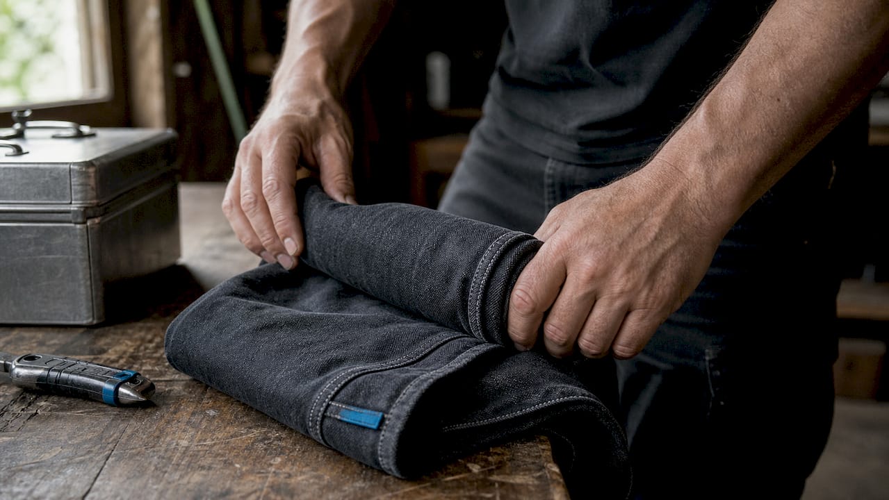Hands folding relaxed fit workwear pants in workshop