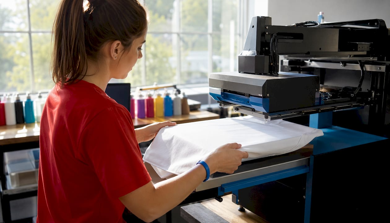 Technician preparing t-shirt for DTG printing