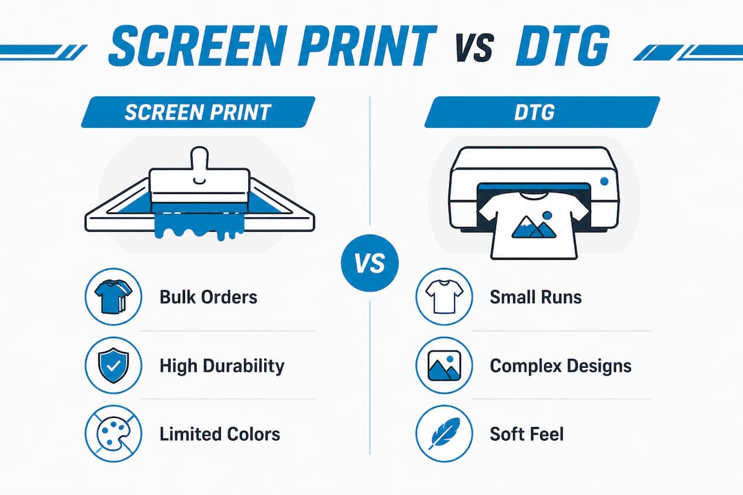 Infographic comparing screen print and DTG methods